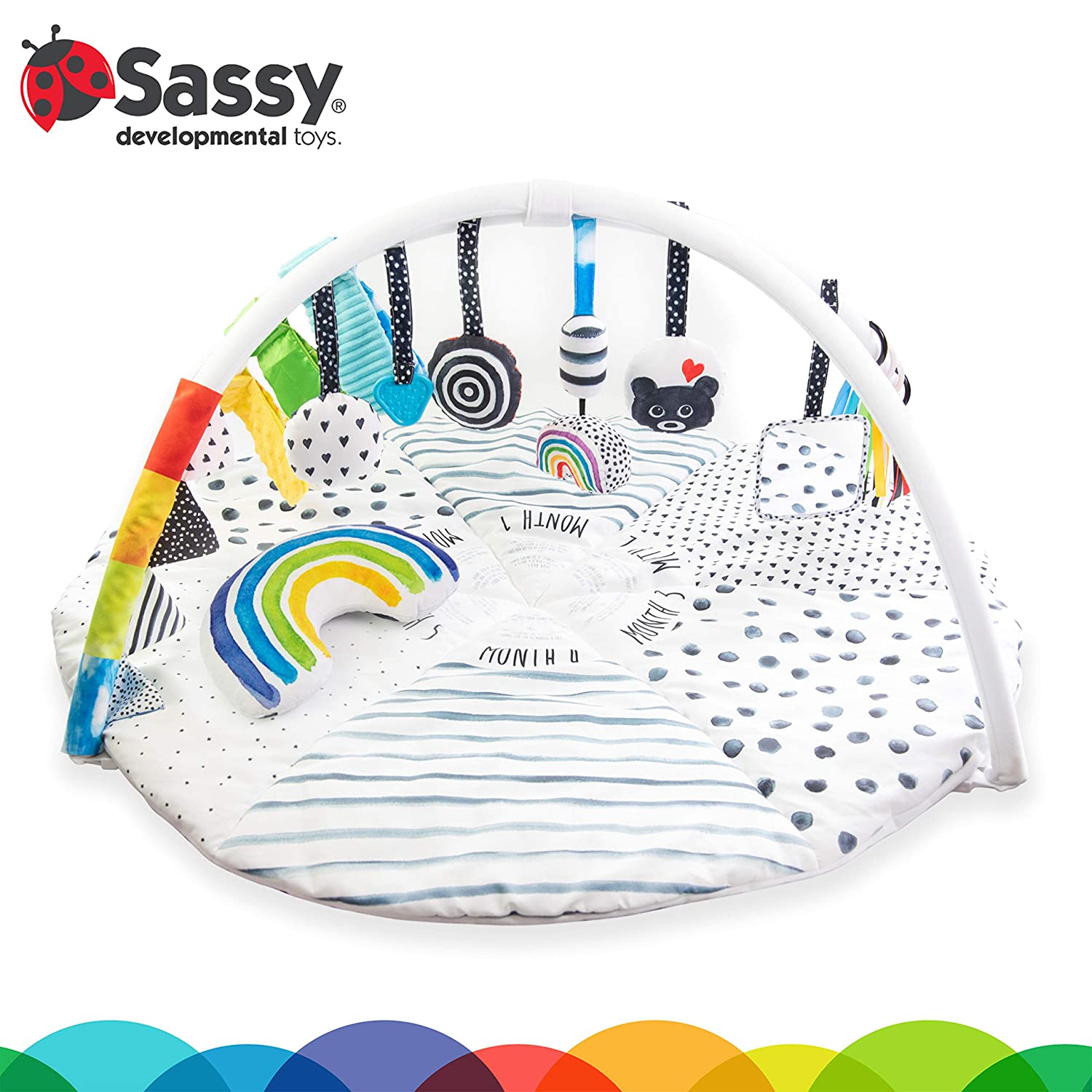 Sassy Stages STEM Developmental Play Gym. Sensory Tummy Time Activity Play Mat w/Built-in Instructions. Ultra Plush & Machine Washable Playmat for Babies & Toddlers