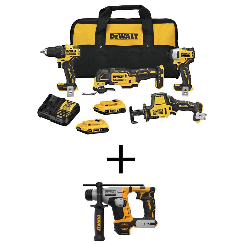DEWALT DCK489D2WCH172B ATOMIC 20V MAX Cordless Brushless 4 Tool Combo Kit and ATOMIC 20V MAX Ultra-Compact 5/8 in. SDS and Hammer Drill