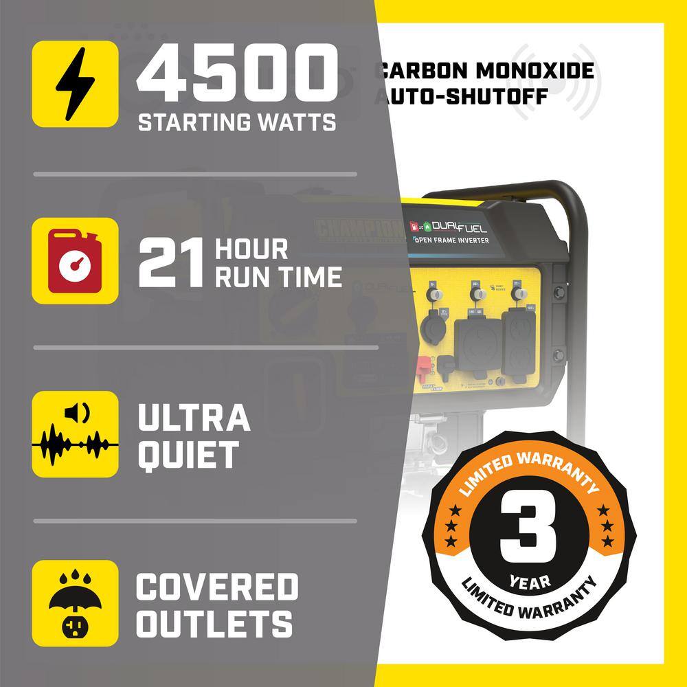 Champion Power Equipment 200978 4500-Watt Recoil Start Gasoline and Propane Powered Dual Fuel Open Frame Inverter Generator with CO Shield
