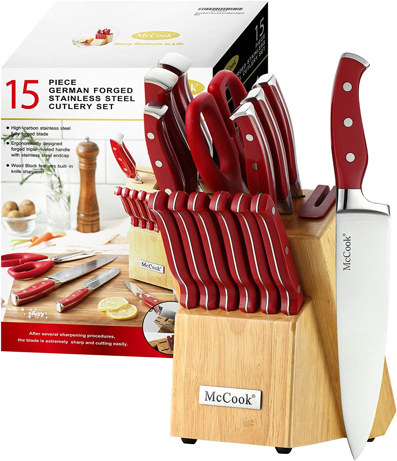 McCook® MC24 15 Pieces Stainless Steel Kitchen Knife Sets with Wooden Block. Kitchen Scissors and Built-in Sharpener. Red