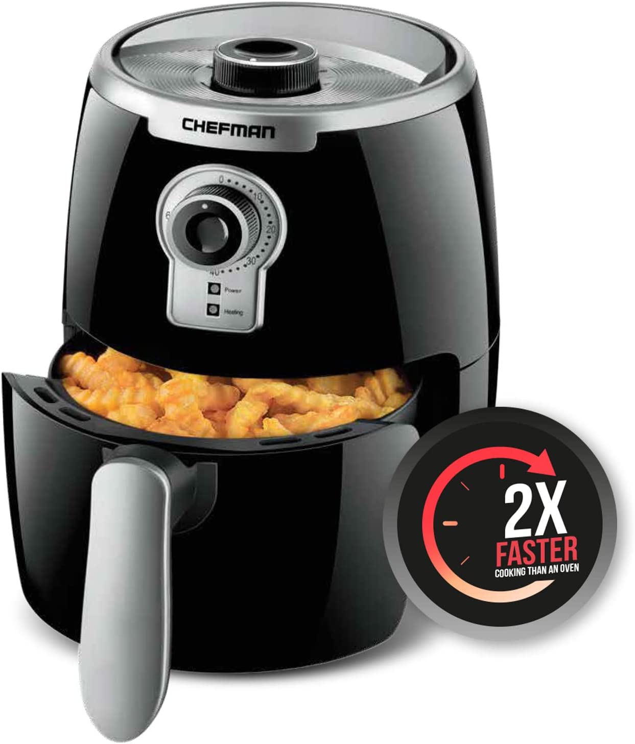 Chefman Small Compact Air Fryer Healthy Cooking. 2 Qt Nonstick. User Friendly and Adjustable Temperature Control w/ 60 Minute Timer & Auto Shutoff. Dishwasher Safe Basket. BPA-Free. 2 Quart. Black