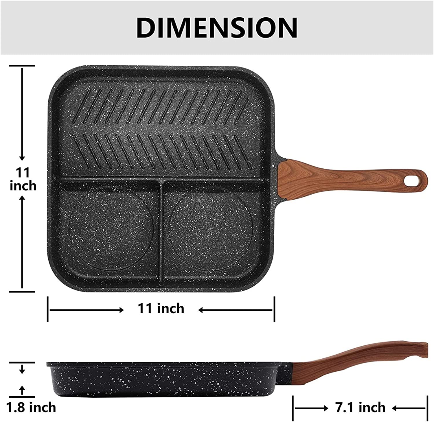 ESLITE LIFE 11 Inch Nonstick 3 Section Divided Breakfast Pan Grill Pan for Stove Tops Induction Compatible. PFOA & PTFEs Free