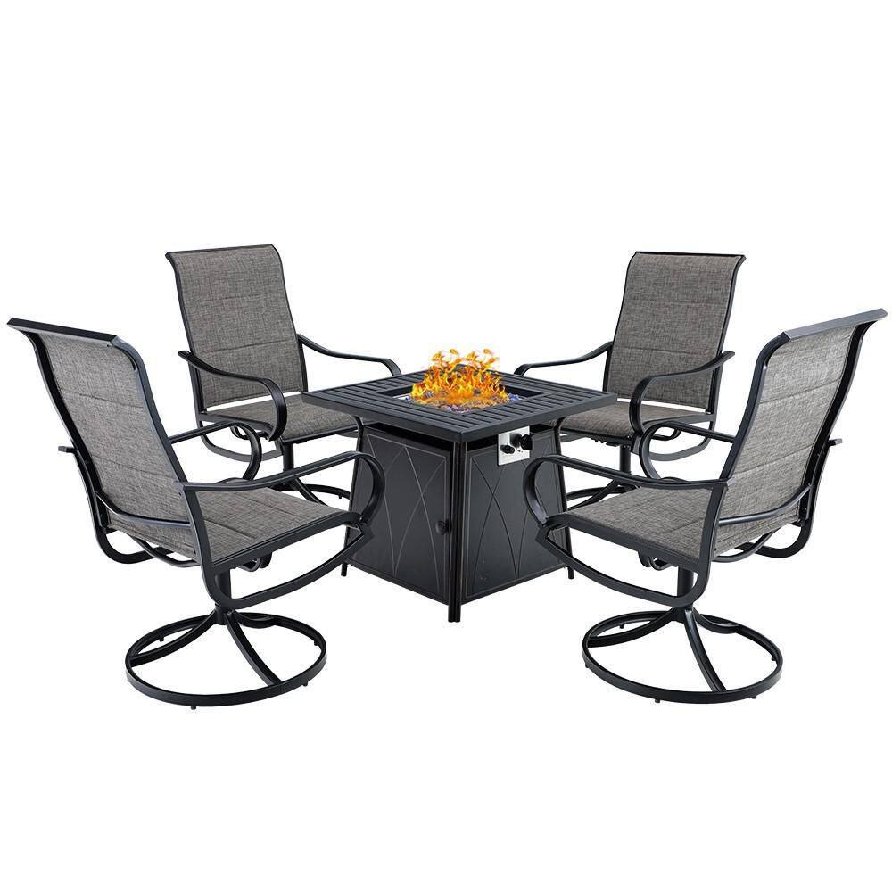 PHI VILLA  Black 5-Piece Metal Patio Fire Pit Set with Padded Textilene Swivel Chairs