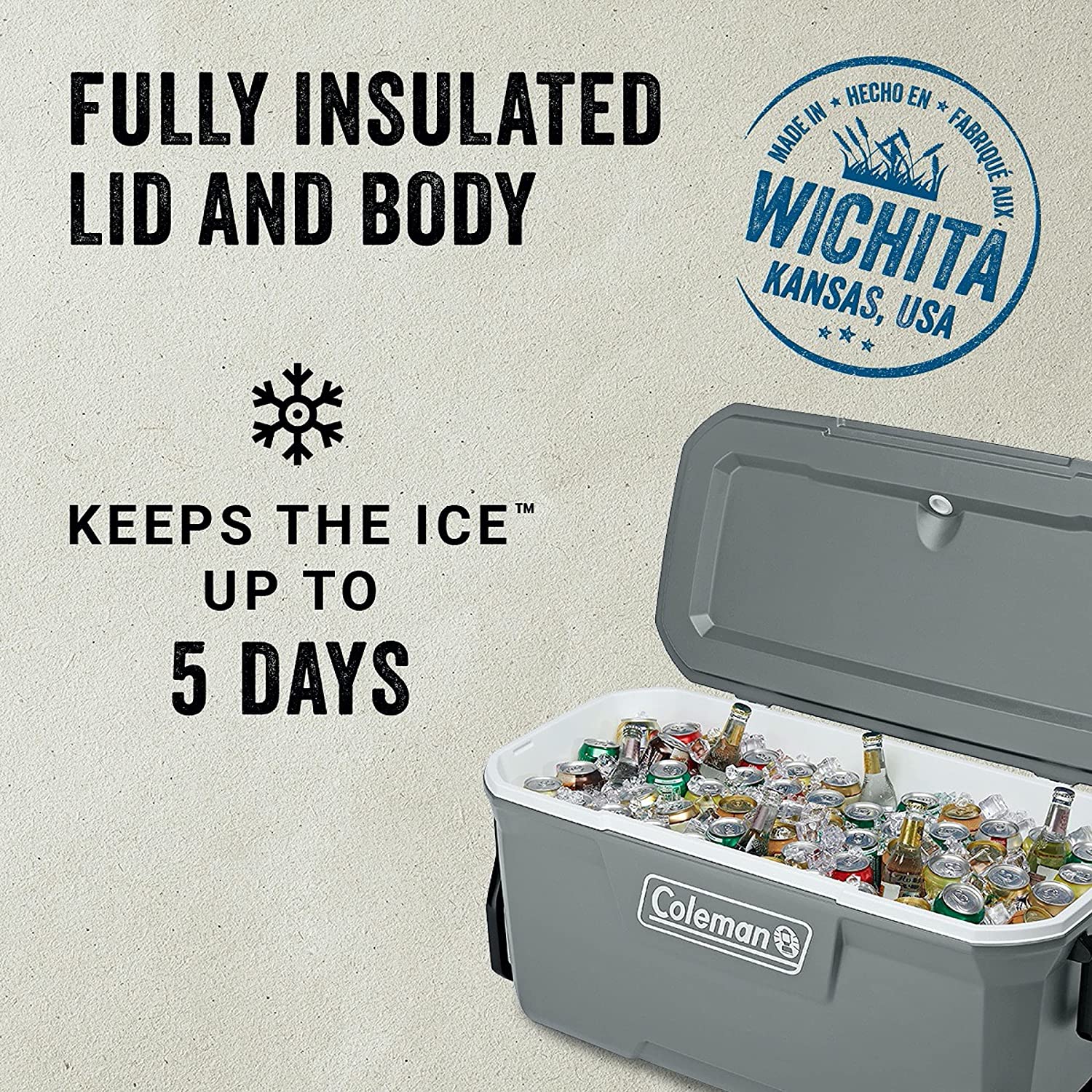 Coleman 316 Series Insulated Portable Cooler with Heavy Duty Wheels. Leak-Proof Wheeled Cooler with 100+ Can Capacity. Keeps Ice for up to 5 Days. 100qt. Rock Grey