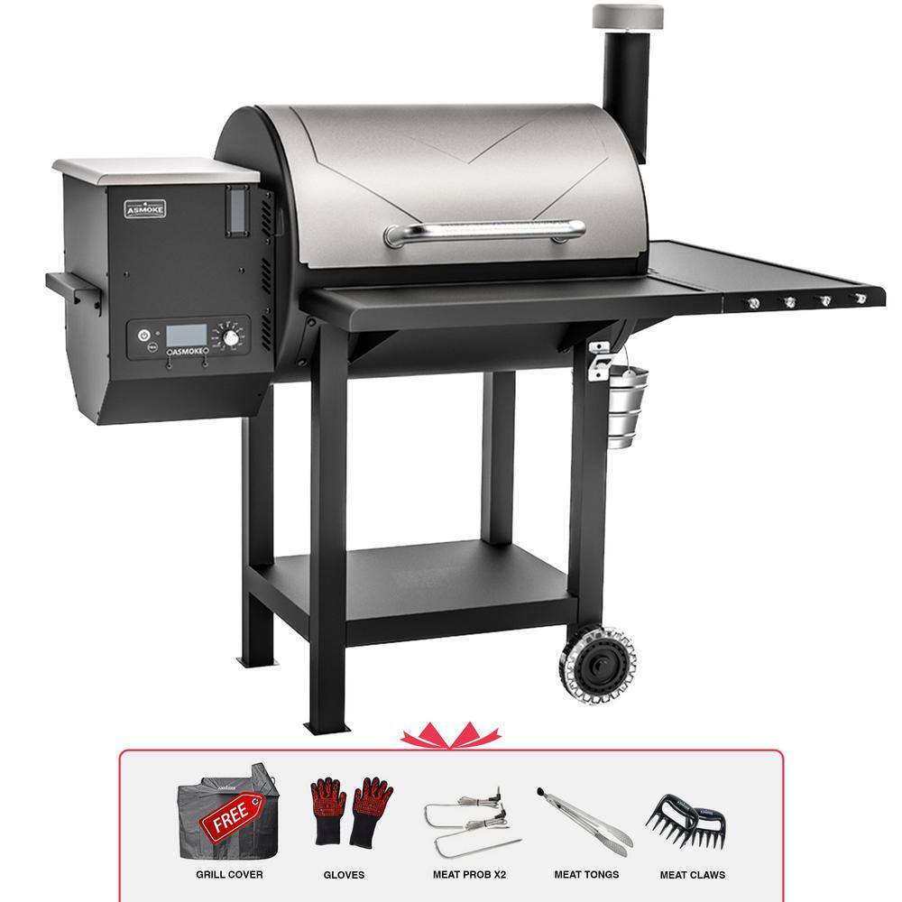 ASMOKE AS660N1 Wood Pellet Grill and Smoker 700 sq. in. with free essential BBQ accessories in Silver