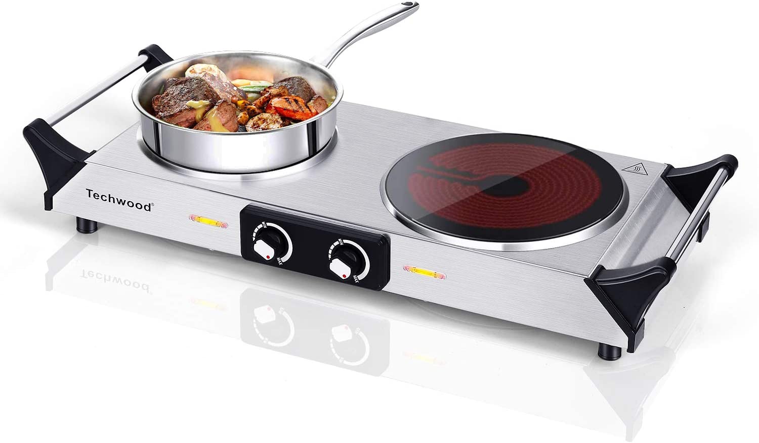 Techwood Electric Stove. Double Infrared Ceramic Hot Plate for Cooking. Two Control Cooktop Burner. Portable Anti-scald handles Suitable for Office/Home/Camp Use. 1800W Compatible for All Cookwares