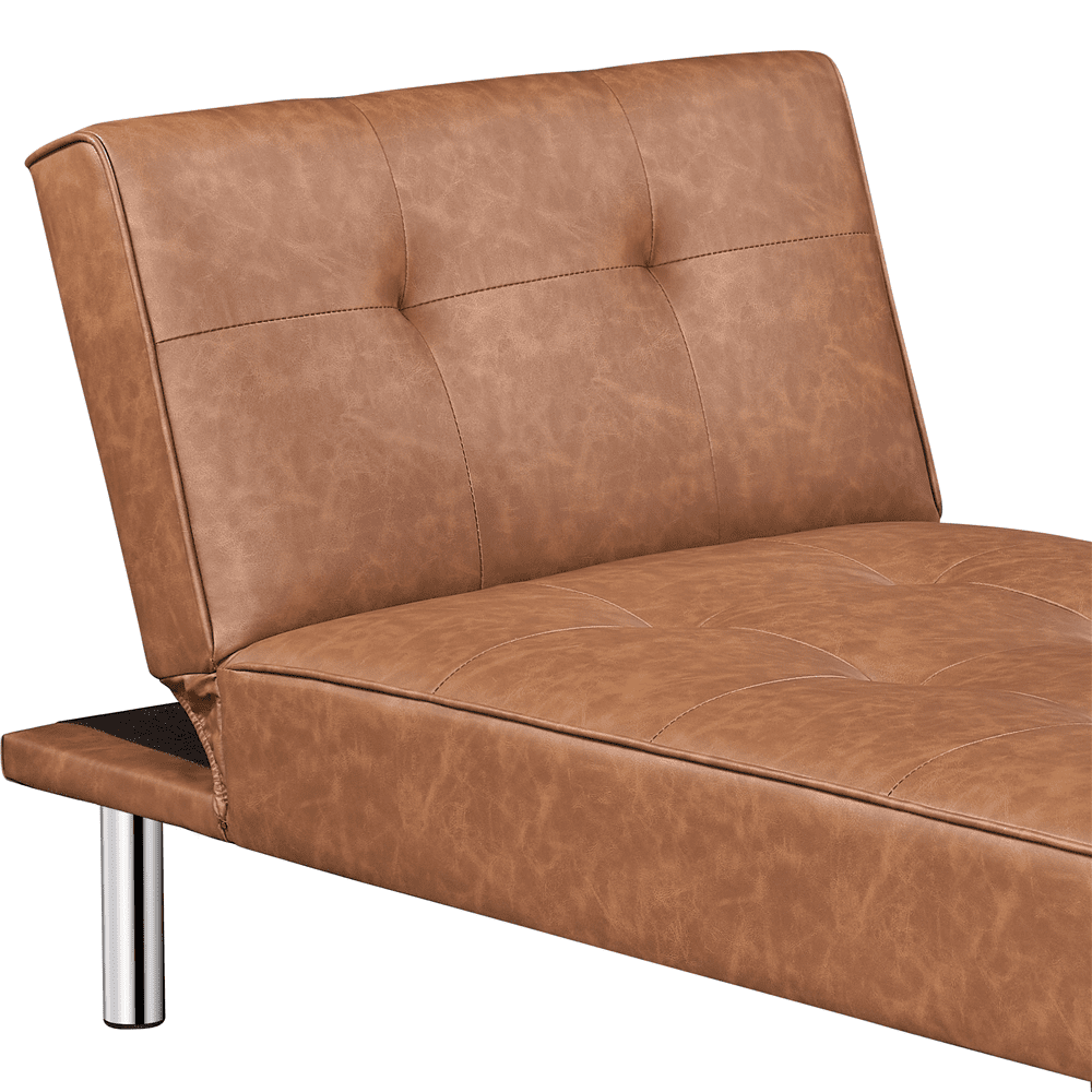 Easyfashion Convertible Faux Leather Chaise Lounge with Chrome Metal Legs. Brown