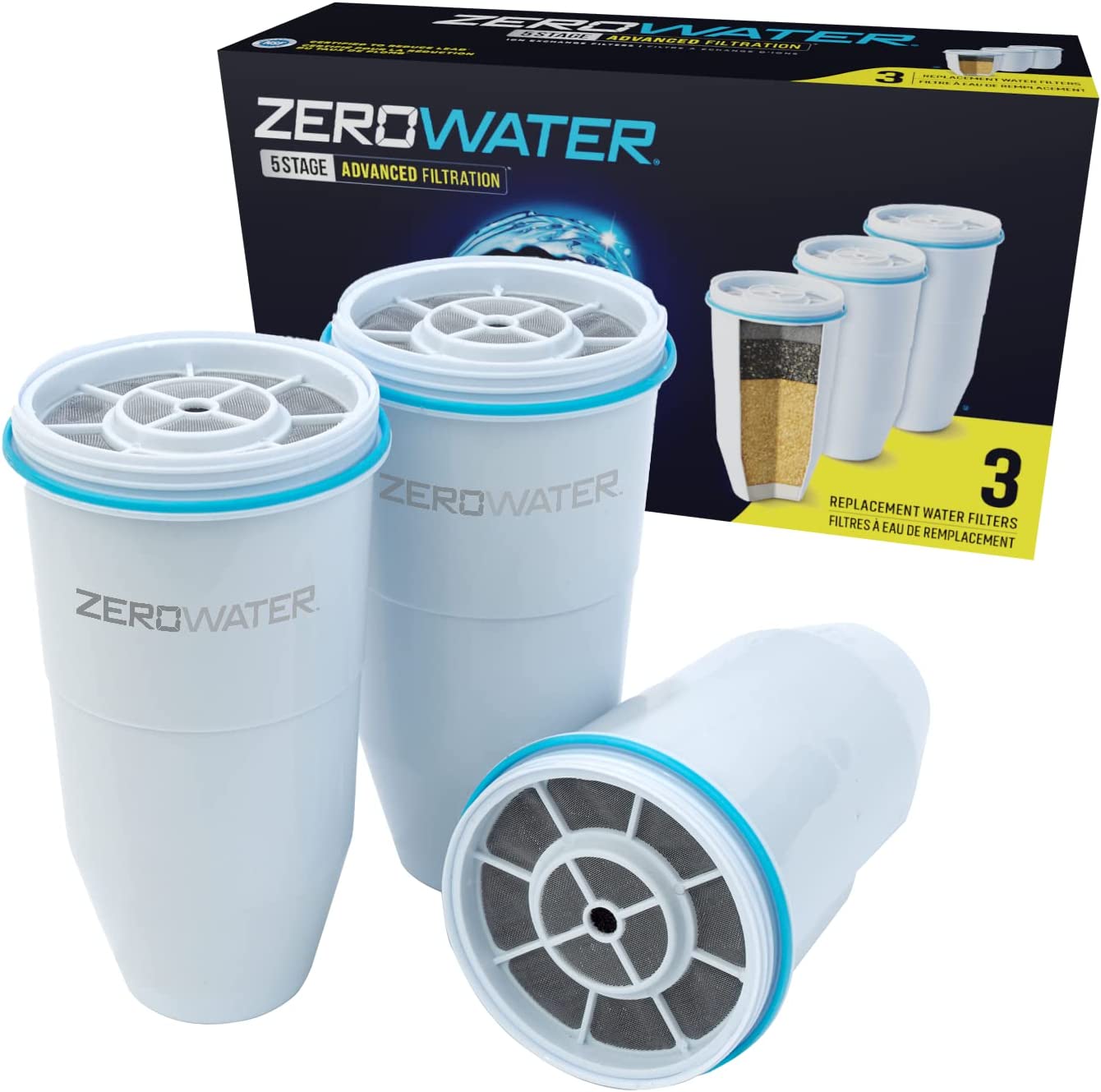 ZeroWater 5-Stage Water Filter Replacement. NSF Certified to Reduce Lead. Other Heavy Metals and PFOA/PFOS. 3 Count (Pack of 1). White