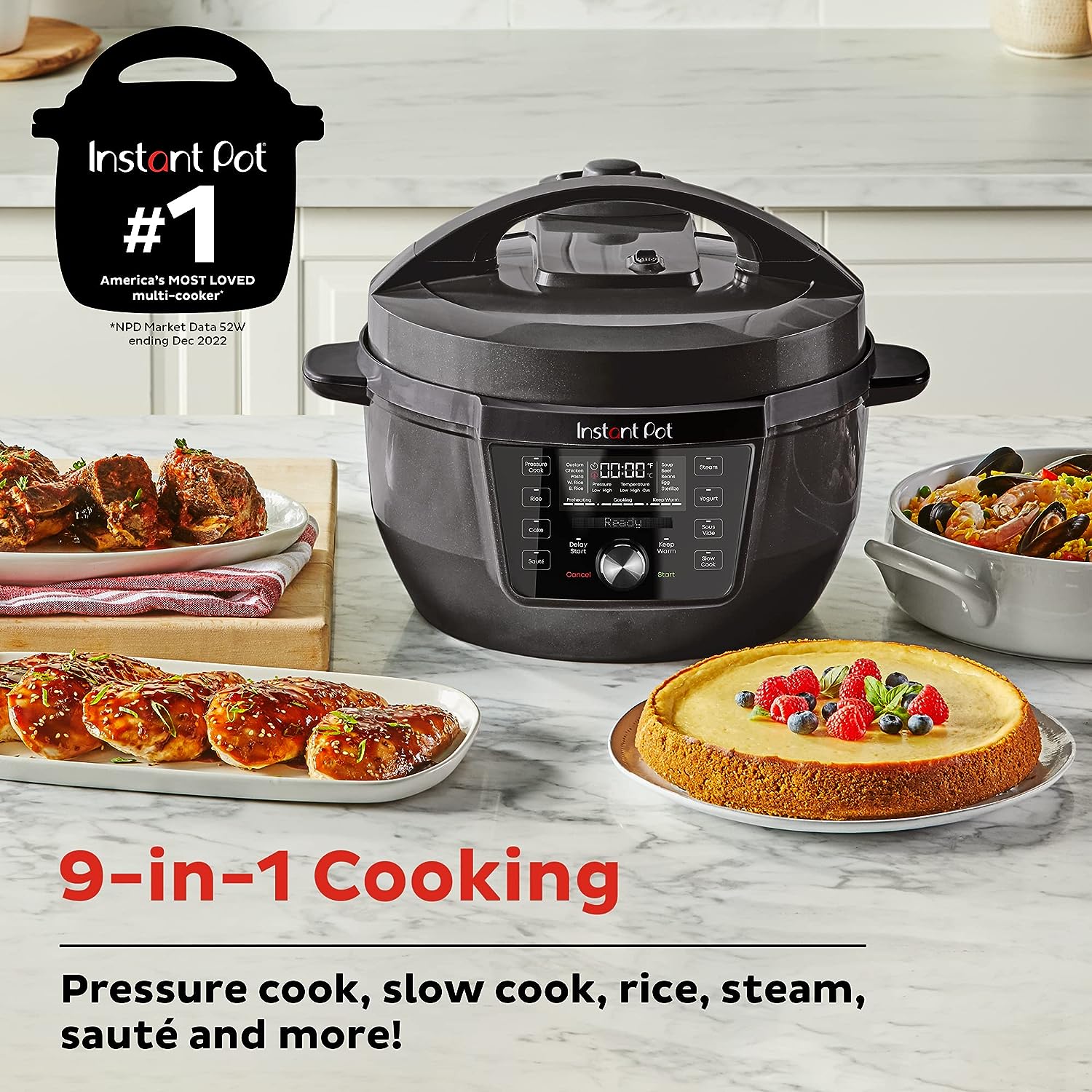 Instant Pot RIO Wide Plus. 7.5 Quarts 35% Larger Cooking Surface. WhisperQuiet Steam Release. 9-in-1 Electric Multi-Cooker. Pressure Cooker. Slow Cooker. Rice Cooker. Steamer. Sauté. Cake & Warmer