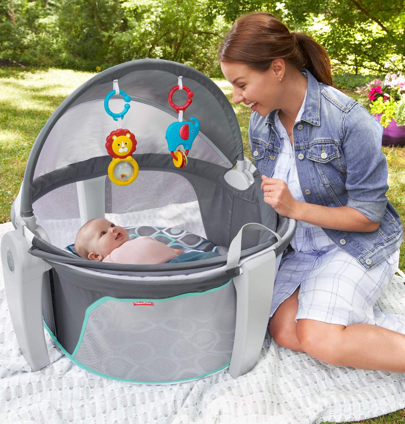 Fisher-Price Portable Bassinet and Play Space On-The-Go Baby Dome with Developmental Toys and Canopy. Grey Bubbles