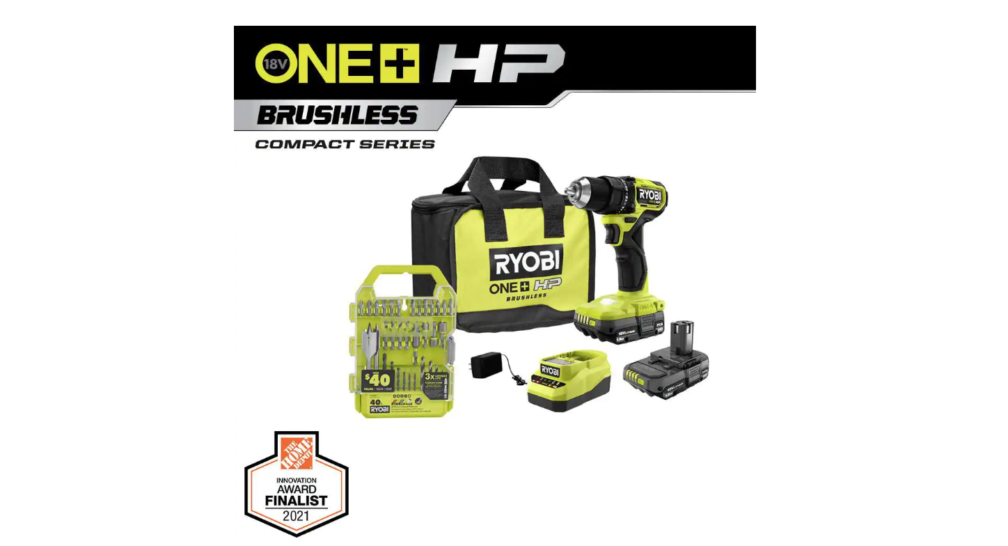 RYOBI PSBDD01K-A98401 ONE+ HP 18V Brushless Cordless Compact 1/2 in. Drill/Driver Kit with (2) 1.5 Ah Batteries. Charger. Bag. & 40PC Bit Set