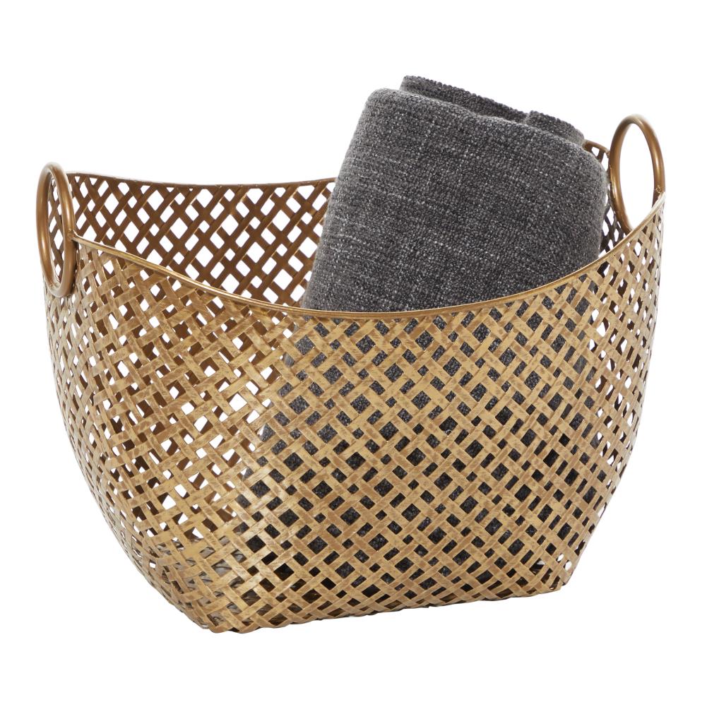Grayson Lane 13.05-in W x 11.35-in H x 13.05-in D Gold Woven Inspired with Handles Iron Basket