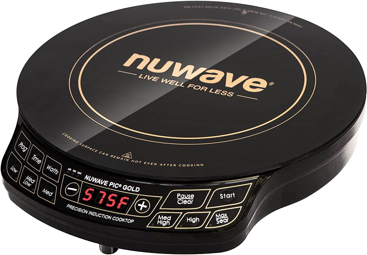 NUWAVE Gold Precision Induction Cooktop. Portable. Powerful with Large 8 Heating Coil. 100°F to 575°F. 3 Wattage Settings 600. 900. and 1500 Watts. 12 Heat-Resistant Cooking Surface