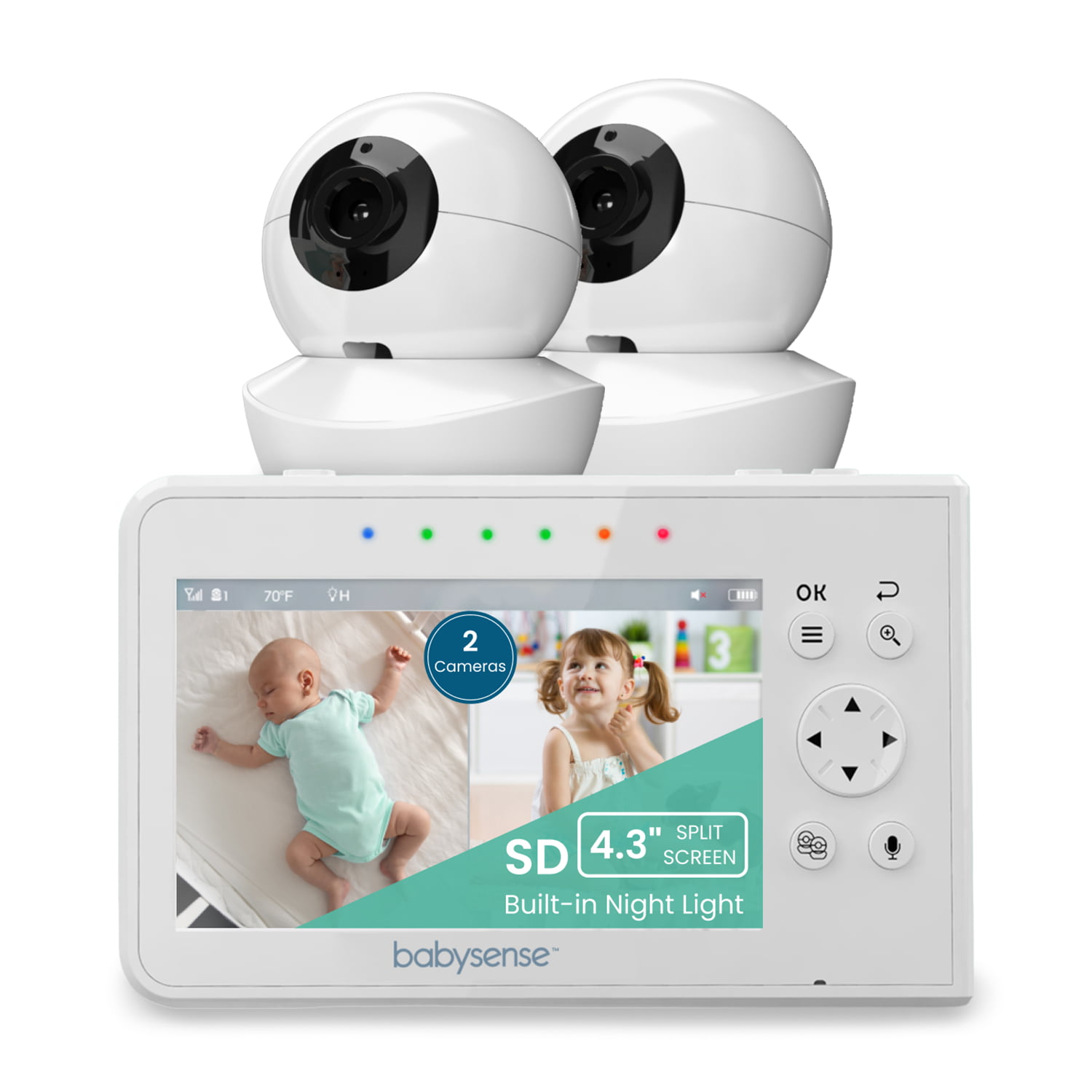Babysense Split Screen Video Baby Monitor. 4.3″ Display with 2 PTZ Cameras. Long Range. Night Light & Vision. Two-Way Talk. V43