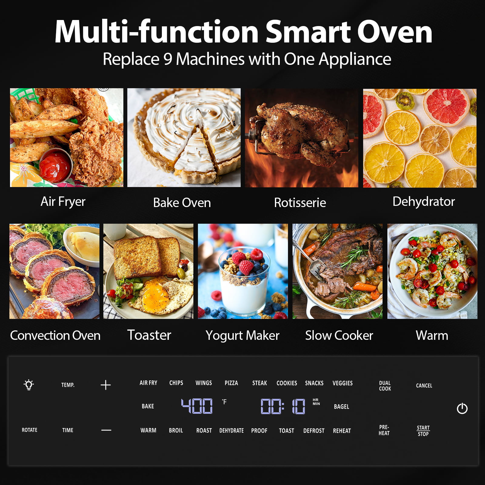 Beelicious® 32 Quart Air Fryer Ovens. Extra Large Air Fryer with Rotisserie and Dehydrator. 19-in-1 Toaster Oven Convection Oven Combo. 6 Accessories