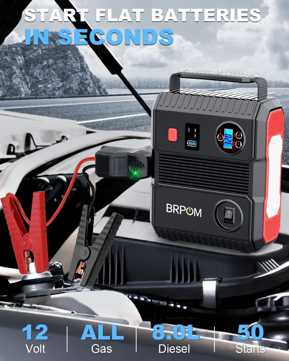 BRPOM Car Jump Starter with Air Compressor. 150PSI 3000A Peak 26800mah (Up to All Gas or 8.0L Diesel Engine. 50 Times) Portable Jump Starter 12V Auto Battery Jump Pack QC 3.0 with 160W DC Out