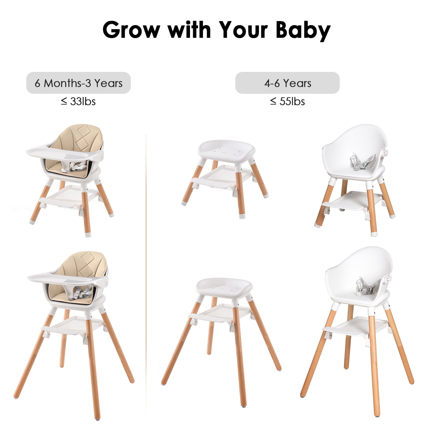 Beberoad Love Baby High Chair. 4 in 1 Wooden Highchair Convertible High Chair Booster Toddler Chair with Double Removable Tray. 5-Point Harness & PU Cushion for Babies Infants Toddlers White