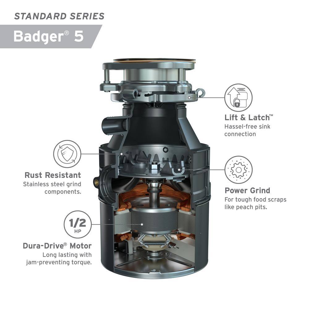 InSinkErator BADGER 5 W/C Badger 5 Lift & Latch Standard Series 1/2 HP Continuous Feed Garbage Disposal with Power Cord