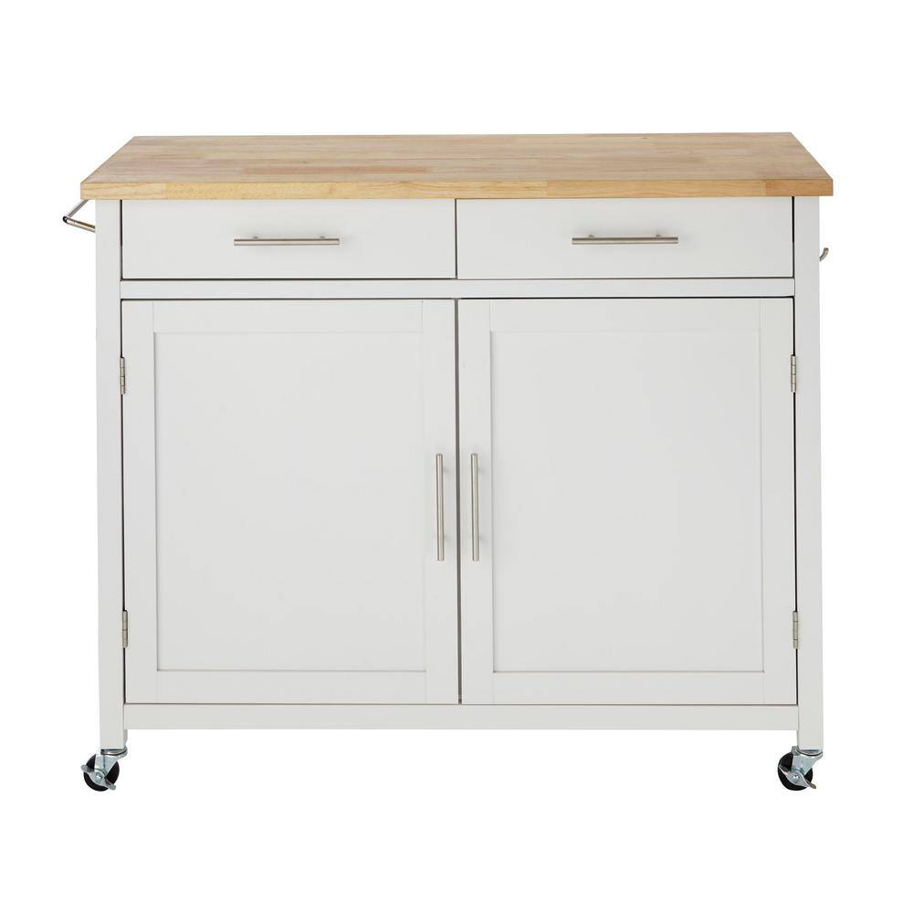 StyleWell  Glenville Cream White Rolling Kitchen Cart with Butcher Block Top and Double-Drawer Storage (42″ W)