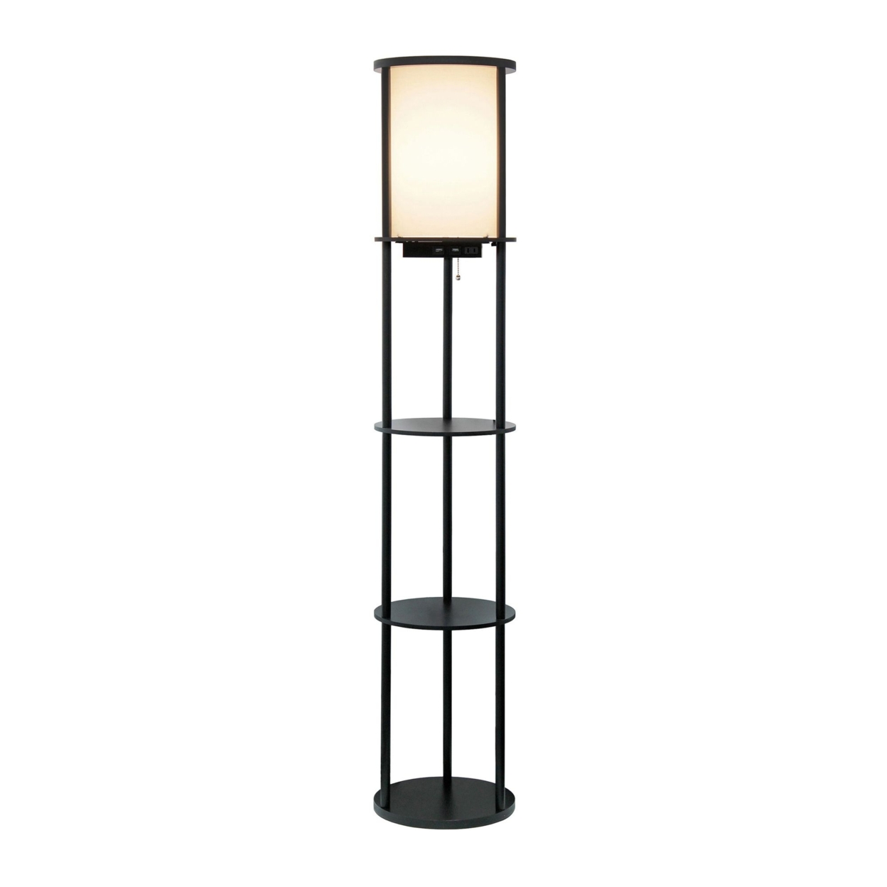 Simple Designs 62.5″ Round Modern Shelf Etagere Organizer Storage Floor Lamp With 2 Usb Charging Ports. Black
