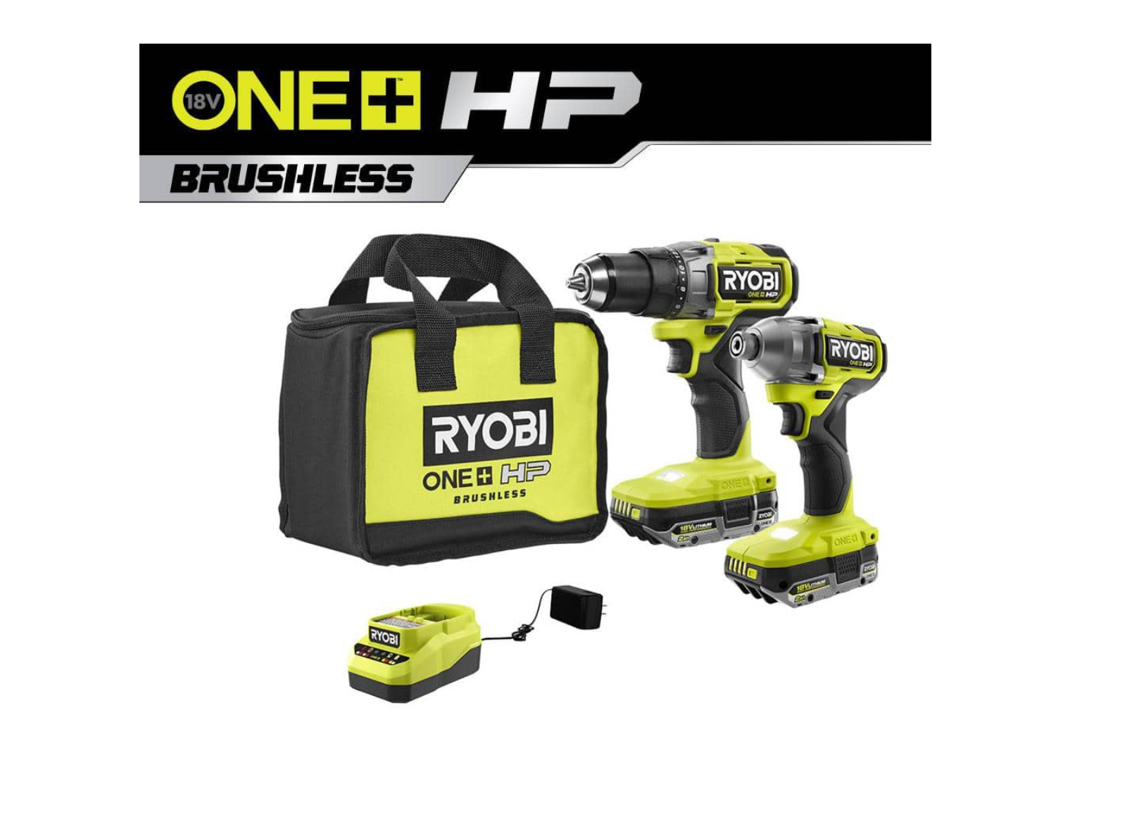 RYOBI PBLCK01K ONE+ HP 18V Brushless Cordless 1/2 in. Drill/Driver and Impact Driver Kit w/(2) 2.0 Ah Batteries. Charger. and Bag