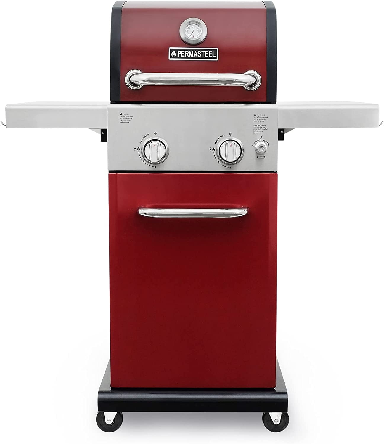 Permasteel 2-Burner Compact Propane Gas Grill with Foldable Sides. Red