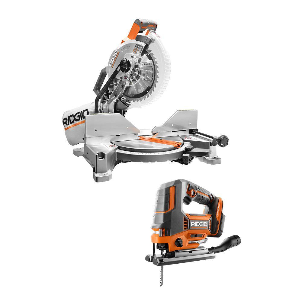 RIDGID R4113-R8832B 15 Amp Corded 10 in. Dual Bevel Miter Saw with LED Cutline Indicator and 18V  Brushless Cordless Jig Saw (Tool Only)