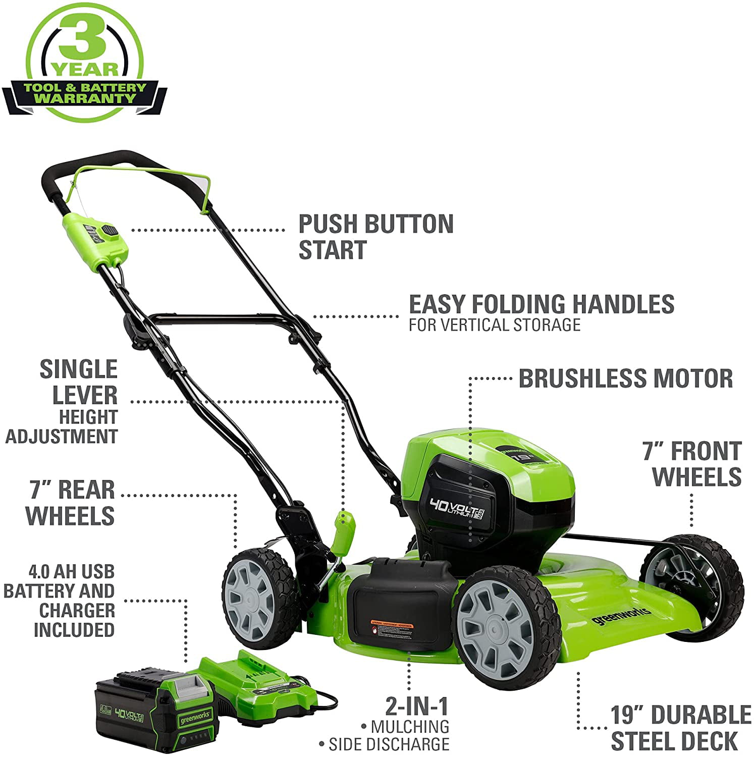 Greenworks 40V 19-inch Brushless Walk-Behind Lawn Mower W/ 4.0 Ah Battery and Charger. 2524902AZ