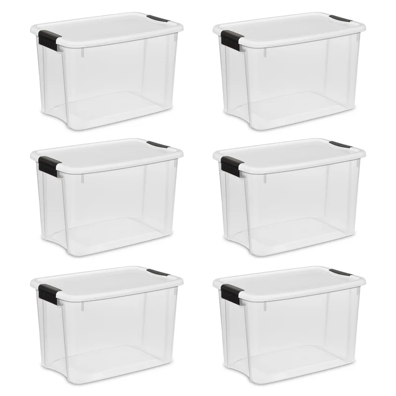 Sterilite 19859806. 30 Quart/28 Liter Ultra Latch Box. Clear with a White Lid and Black Latches. 6-Pack