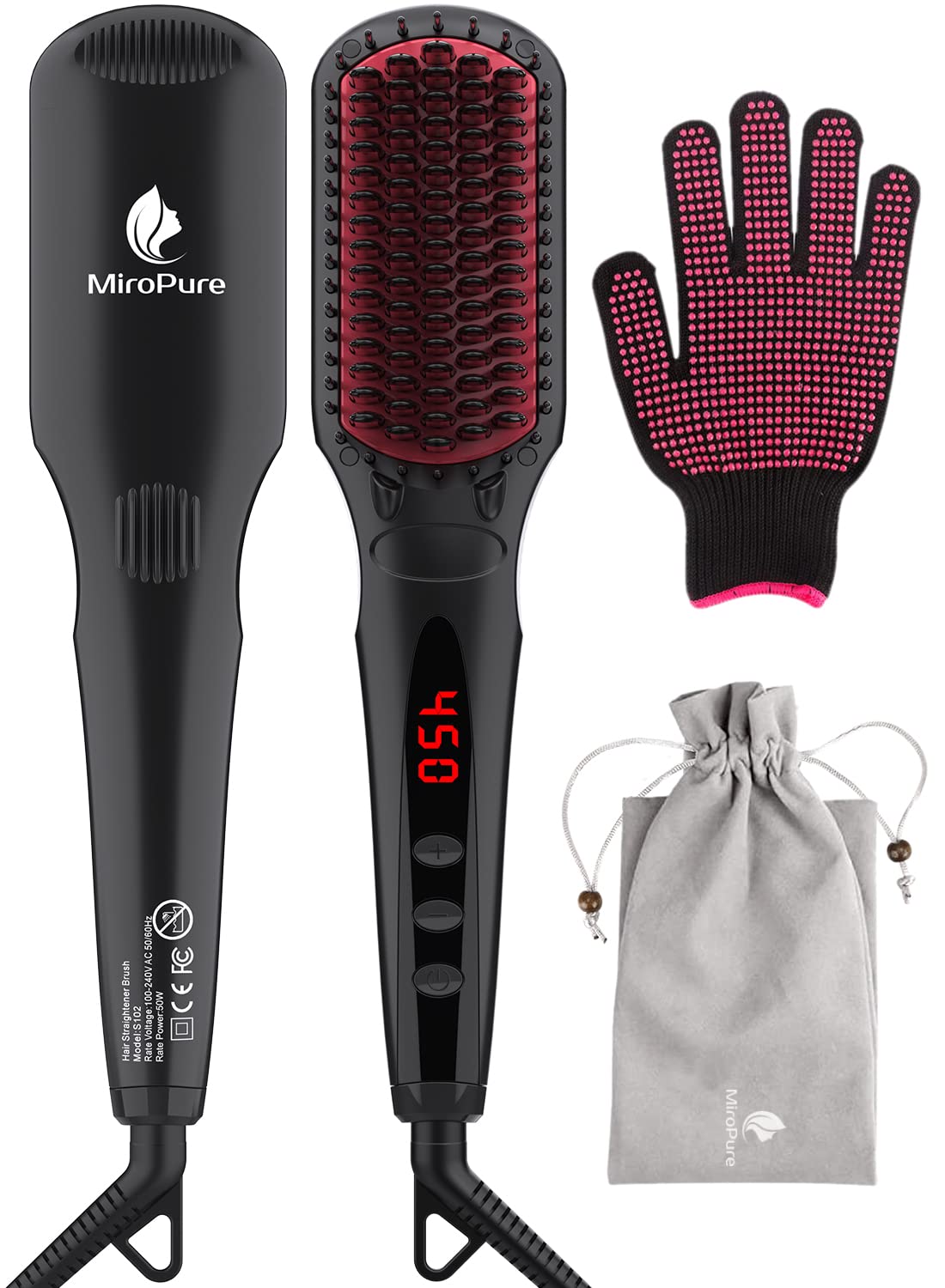 MiroPure Enhanced Hair Straightener Brush by MiroPure. 2-in-1 Ionic Straightening Brush with Anti-Scald Feature. Auto Temperature Lock & Auto-Off Function (Black)