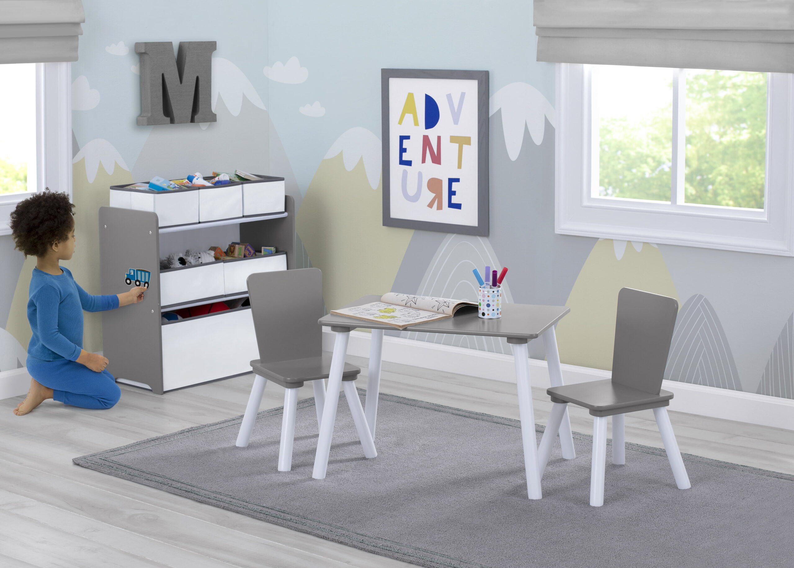 Delta Children 4-Piece Toddler Playroom Set – Includes Play Table with Dry Erase Tabletop and 6 Bin Toy Organizer with Reusable Vinyl Cling Stickers. Grey/White