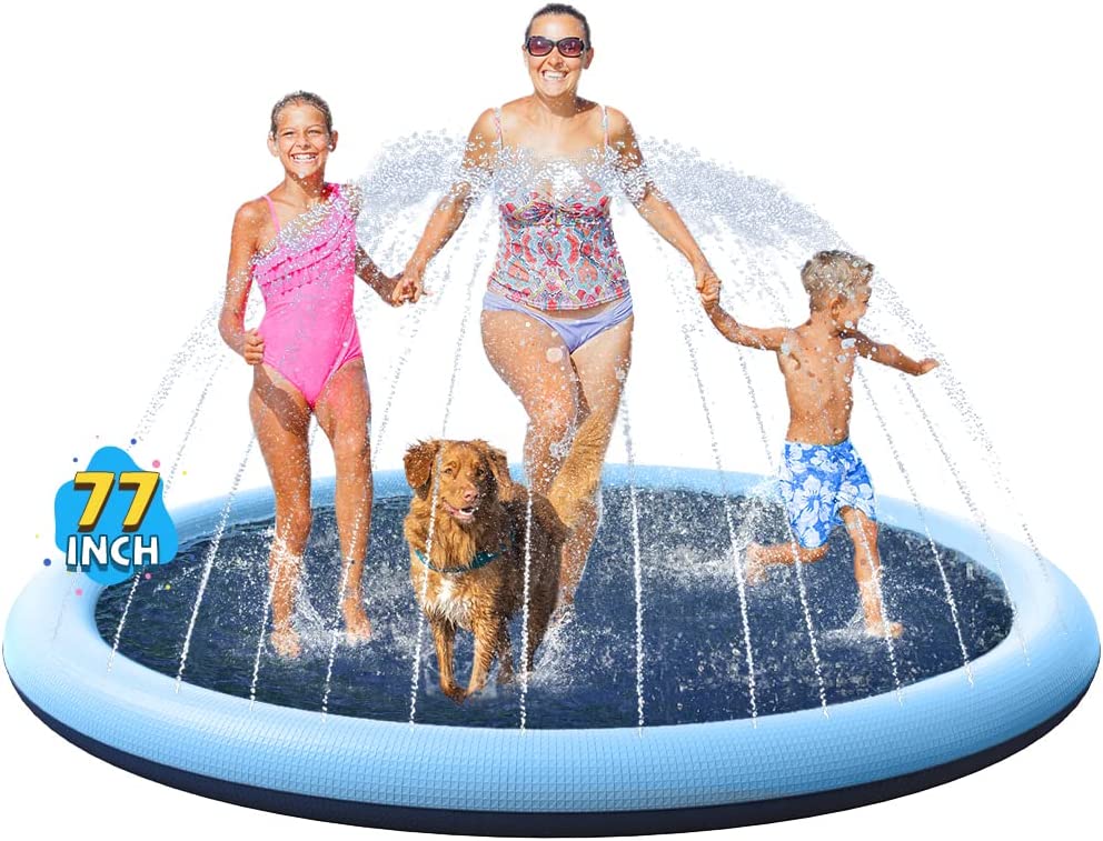 VISTOP Non-Slip Splash Pad for Kids and Dog. Thicken Sprinkler Pool Summer Outdoor Water Toys - Fun Backyard Fountain Play Mat for Baby Girls Boys Children or Pet Dog (77 inch. Blue&Blue)