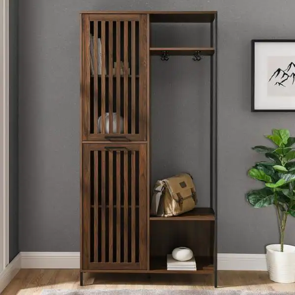 Welwick Designs 72 in. Dark Walnut Slat Door Metal and Wood Hall Tree