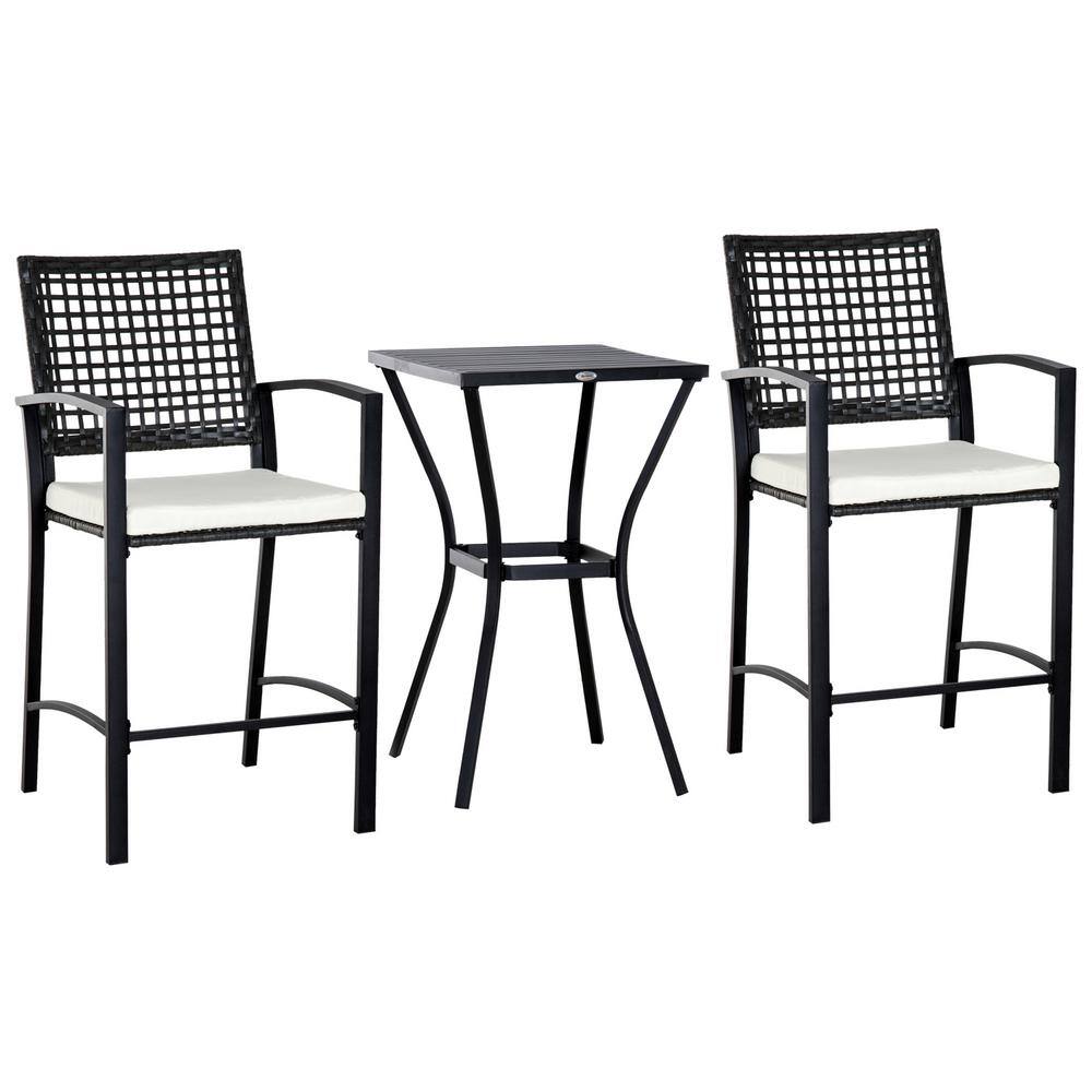 Outsunny  3-Piece All-Weather Steel Patio Outdoor Bar Bistro Furniture Set with White Cushions. Middle Table