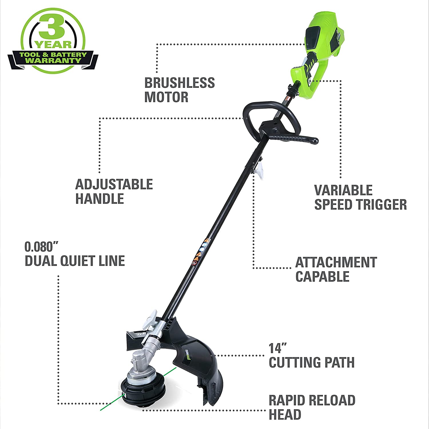 Greenworks 40V 14″ Brushless Cordless (Attachment Capable) String Trimmer. 4.0Ah Battery and Charger Included