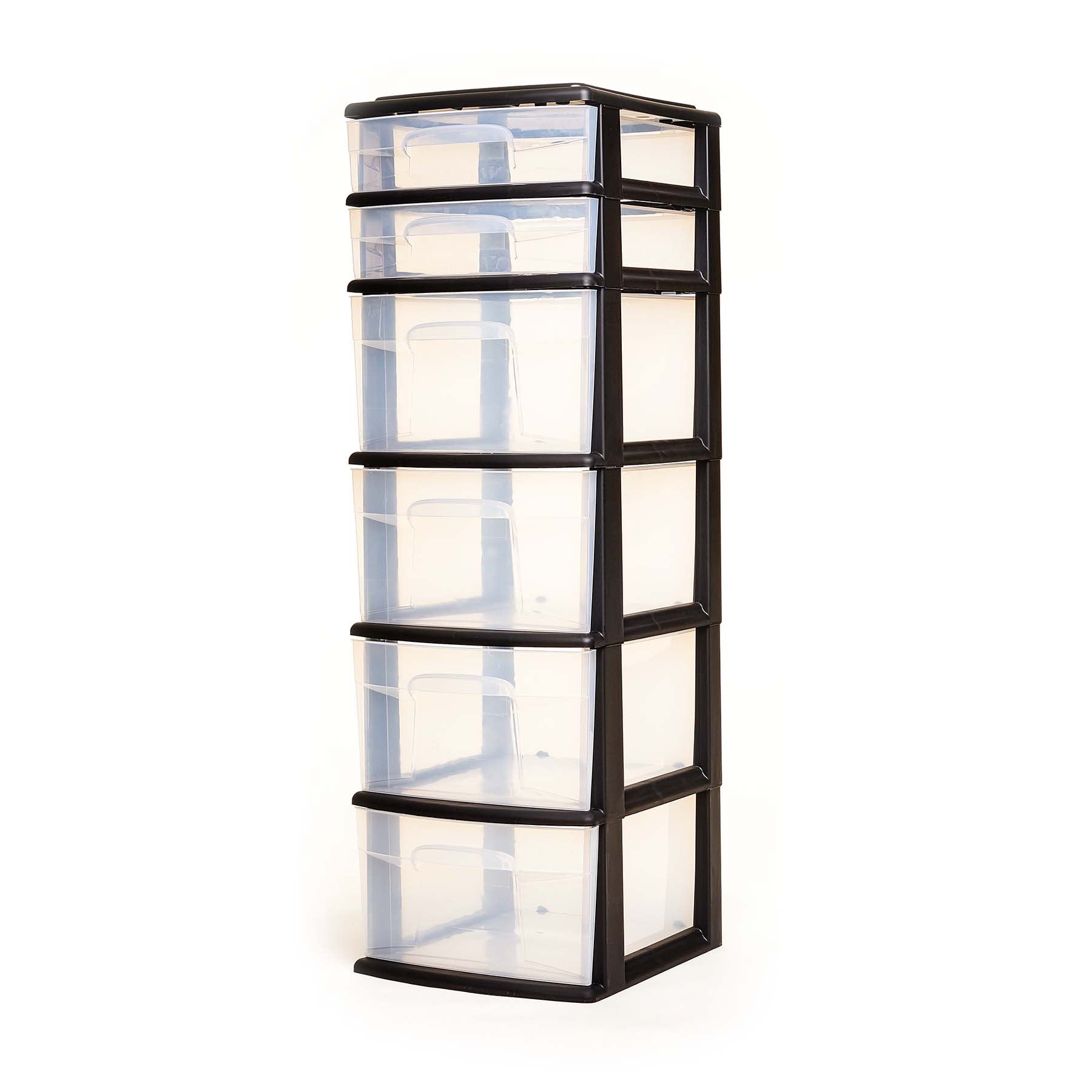 Homz® 6 Drawer Medium Tower. Black Plastic Frame with Clear Drawers. Set of 1
