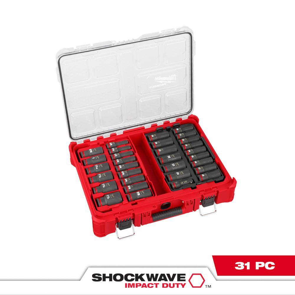 Milwaukee 49-66-6806 SHOCKWAVE Impact-Duty 1/2 in. Drive Metric and SAE Deep Well Impact PACKOUT Socket Set (31-Piece)