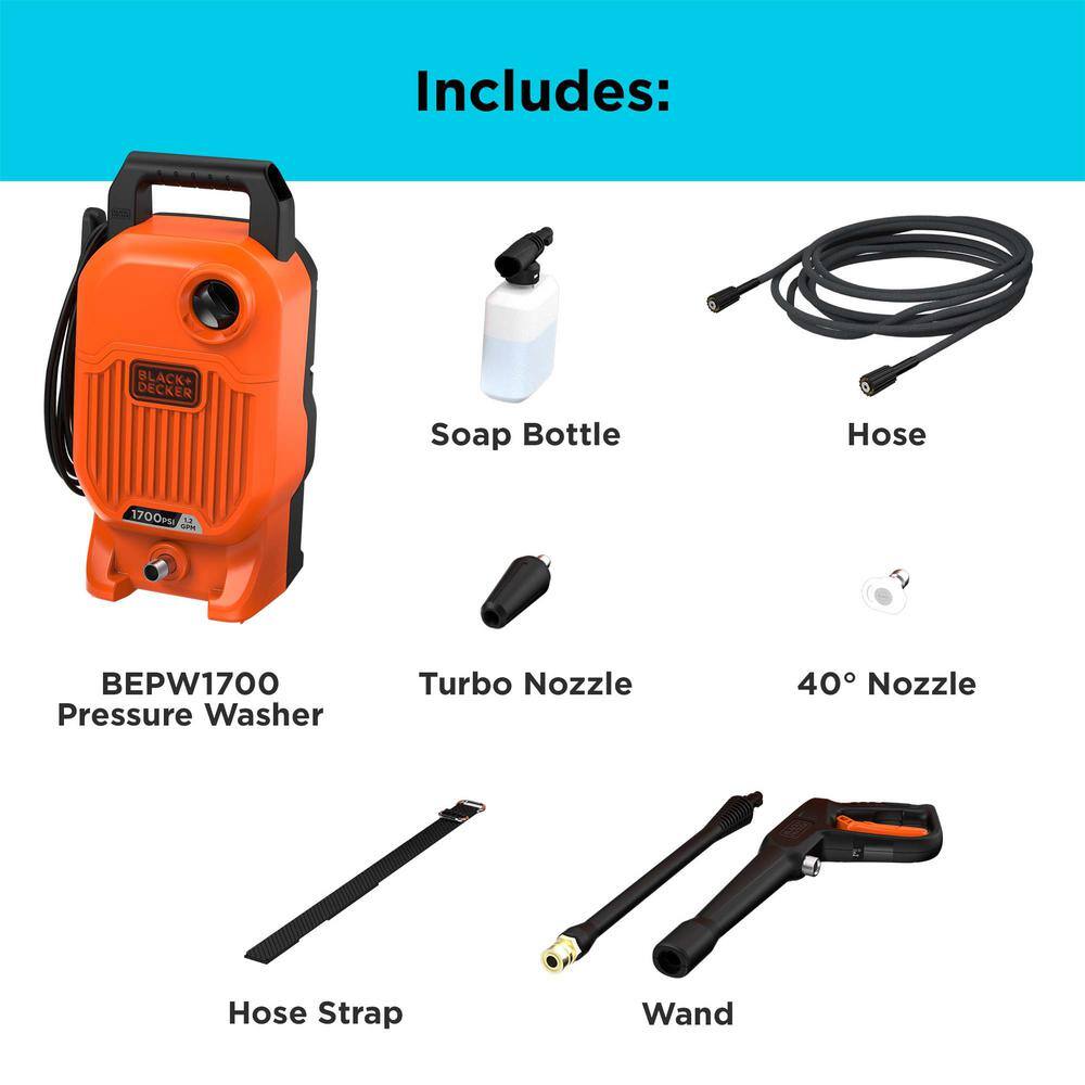 BLACK+DECKER BEPW1700 1700 PSI 1.2 GPM Cold Water Electric Pressure Washer with Integrated Wand and Hose Storage