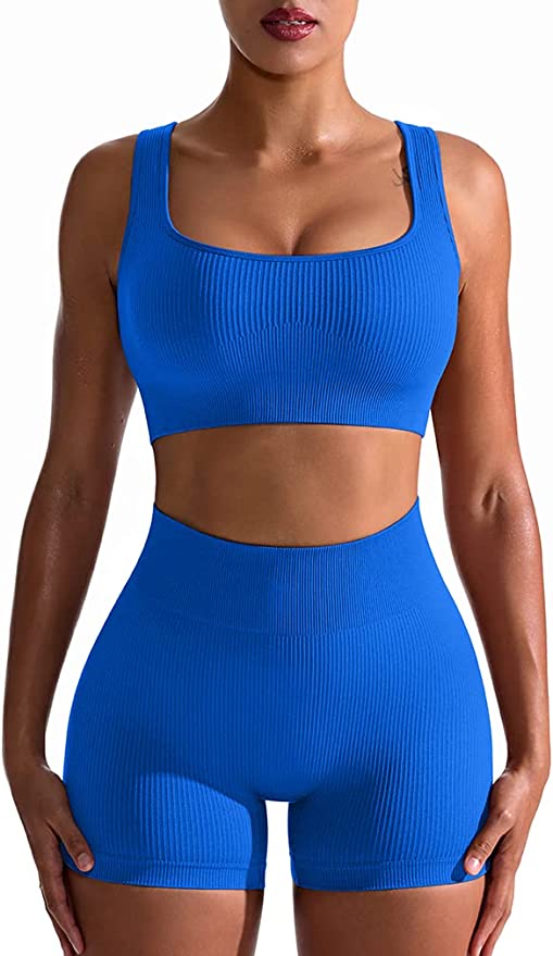 OQQ Workout Outfits for Women 2 Piece Seamless Ribbed High Waist Leggings with Sports Bra Exercise Set. Blue2