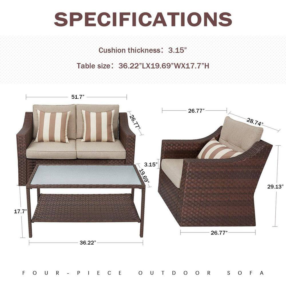 Suncrown  Brown 4-Piece Wicker Patio Conversation Set with Light Brown Cushions