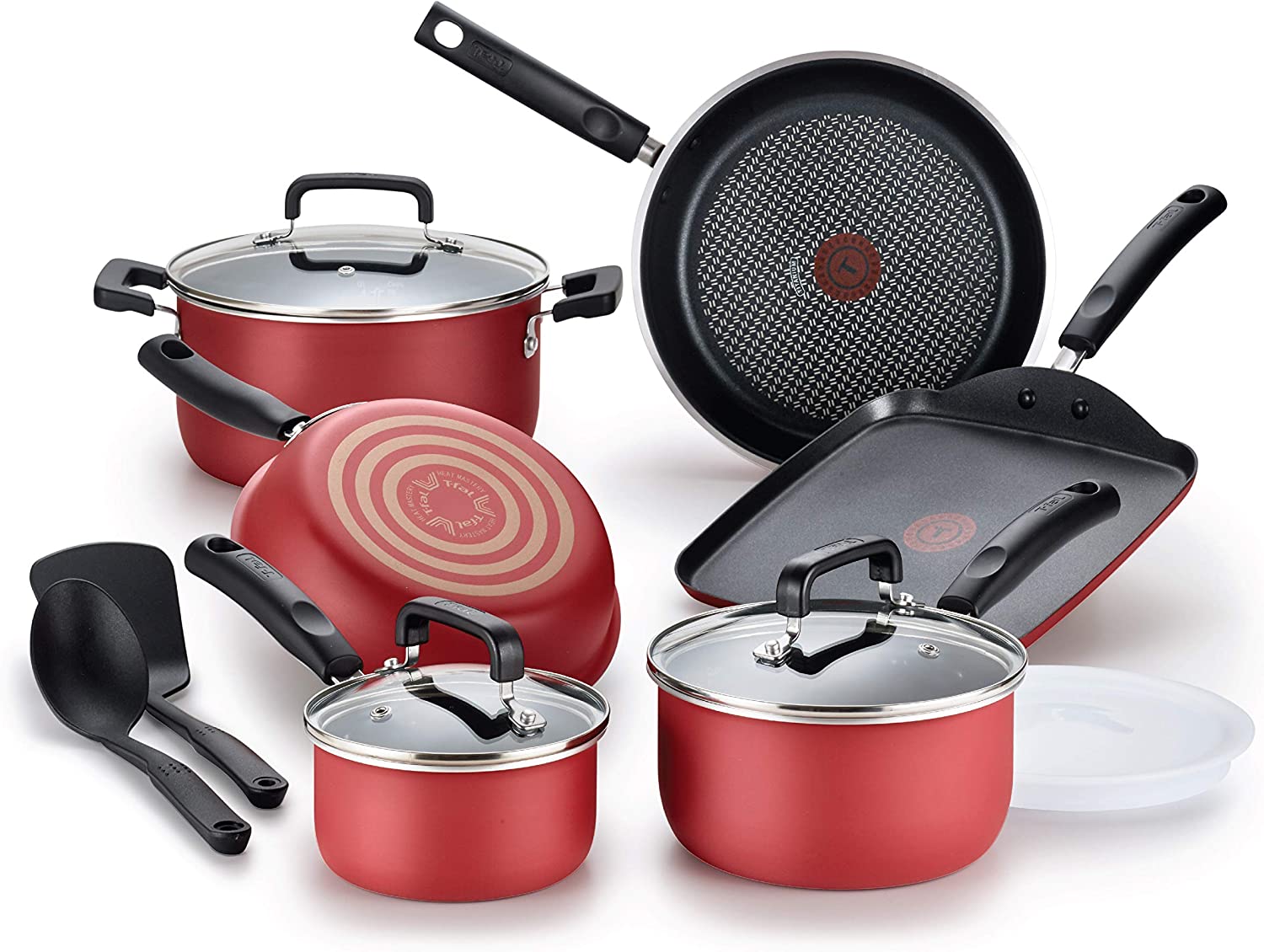 T-fal Signature Titanium Advancend Nonstick Pots and Pans Cookware Set. 12 Piece. Red