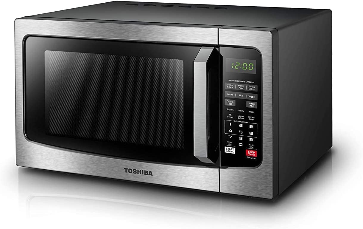 TOSHIBA EM131A5C-SS Countertop Microwave Oven. 1.2 Cu Ft with 12.4″ Turntable. Smart Humidity Sensor with 12 Auto Menus. Mute Function & ECO Mode. Easy Clean Interior. Stainless Steel & 1100W