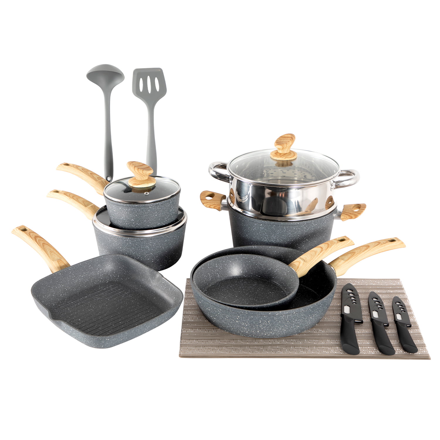 MF Studio 19 Pieces Cookware Set Granite Nonstick Pots and Pans. Blue Gray