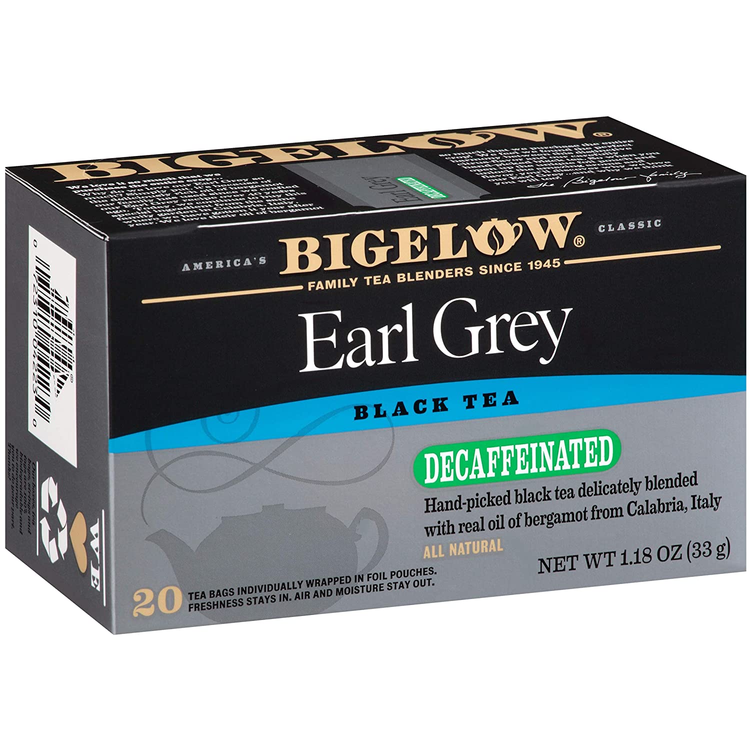 Bigelow Decaffeinated Earl Grey Black Tea Bags 20-Count Boxes (Pack of 6)