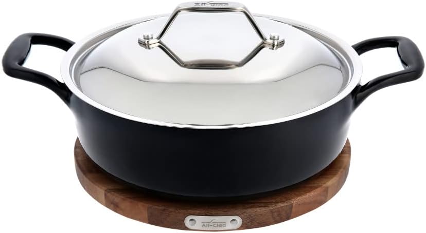 All-Clad Cast Iron Dutch Oven with Acacia Trivet 6 Quart Induction Oven Broil Safe 650F Pots and Pans. Cookware Black