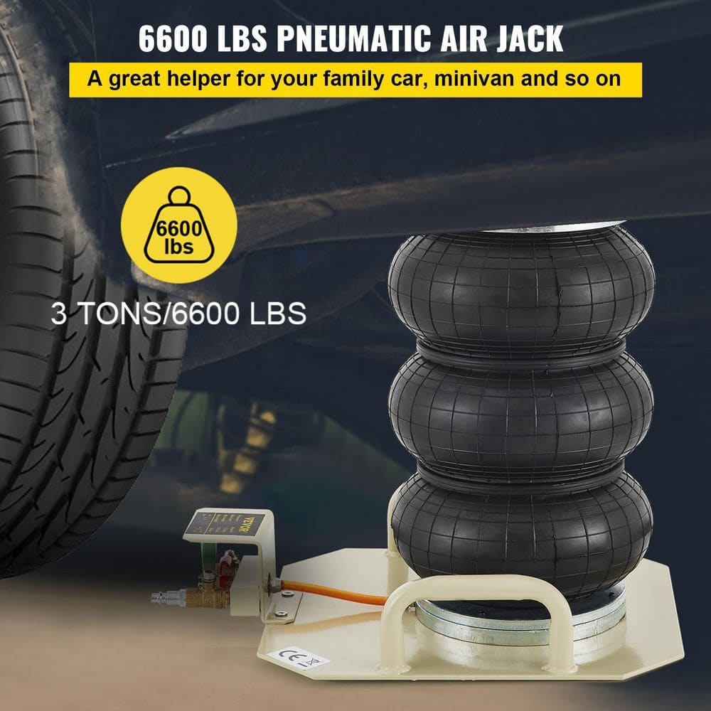 VEVOR QJD3BQDKTDW000001V0 Triple Bag Air Jack 3-Ton Pneumatic Car Jack 6600 lbs. Heavy-Duty Air Jack Lifting Height Up to 16 in. Adjustable