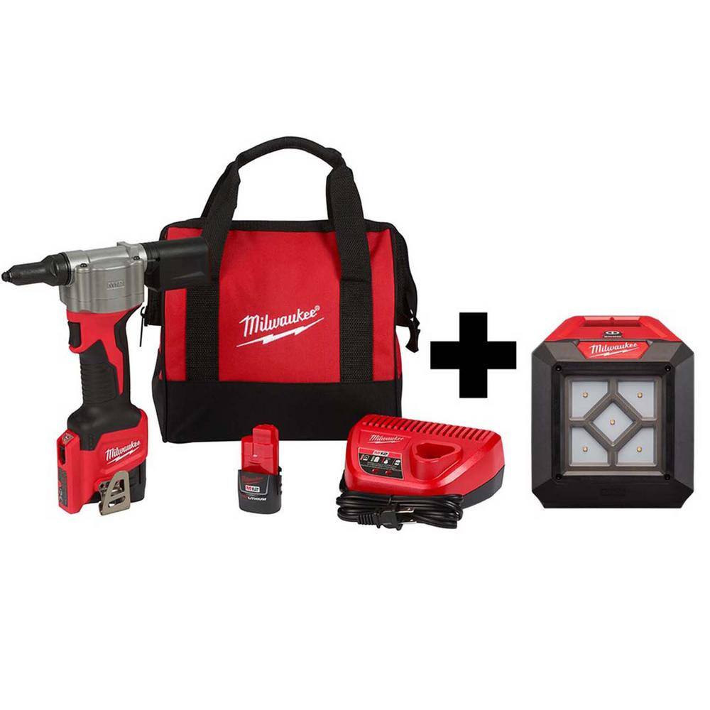 Milwaukee 2550-22-2364-20 M12 12-Volt Lithium-Ion Cordless Rivet Tool Kit with (2) 1.5Ah Batteries. Charger and 1000 Lumens M12 Flood Light