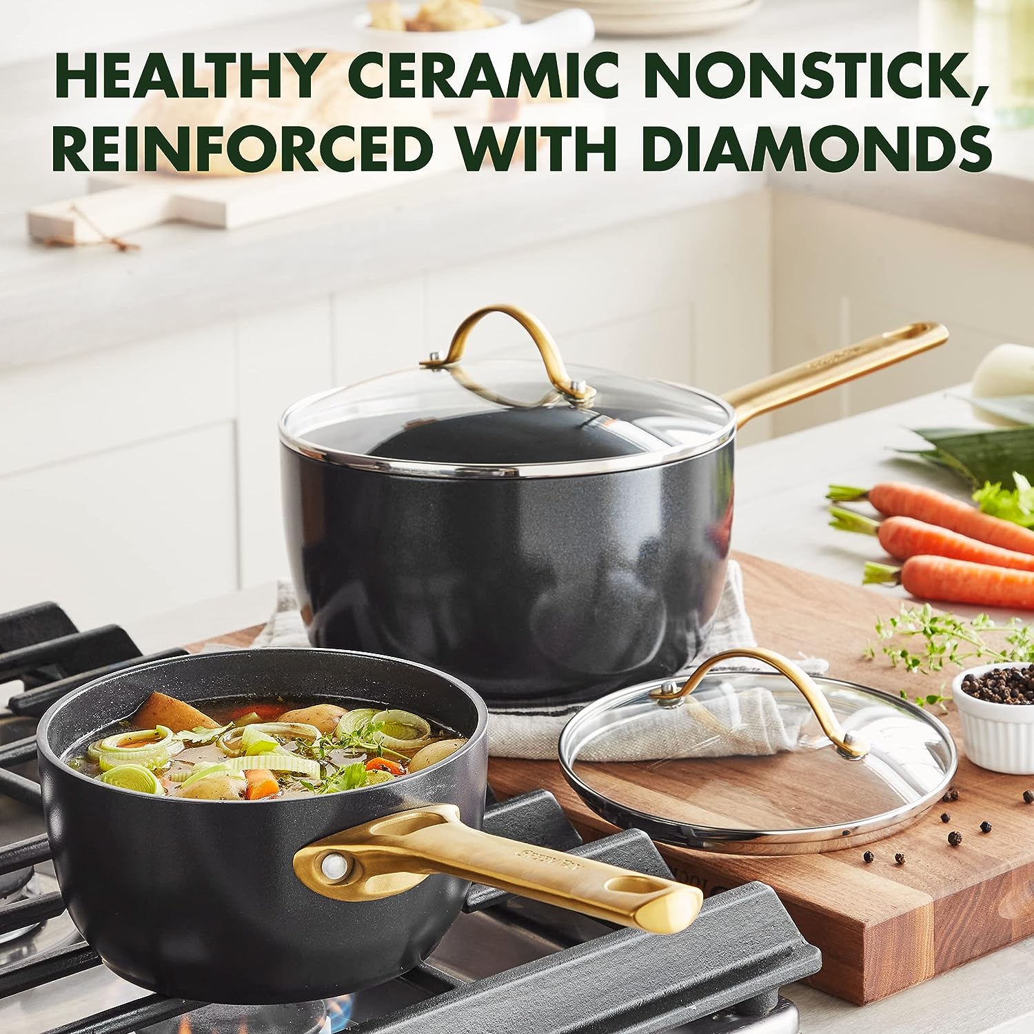 GreenPan Reserve Hard Anodized Healthy Ceramic Nonstick. 1.5QT and 3QT Saucepan Pot Set with Lids. Gold Handle. PFAS-Free. Dishwasher Safe. Oven Safe. Black