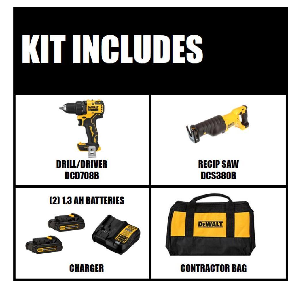 DEWALT DCD708C2WCS380B ATOMIC 20V MAX Cordless Brushless Compact 1/2 in. Drill/Driver. 20V Reciprocating Saw. and (2) 20V 1.3Ah Batteries