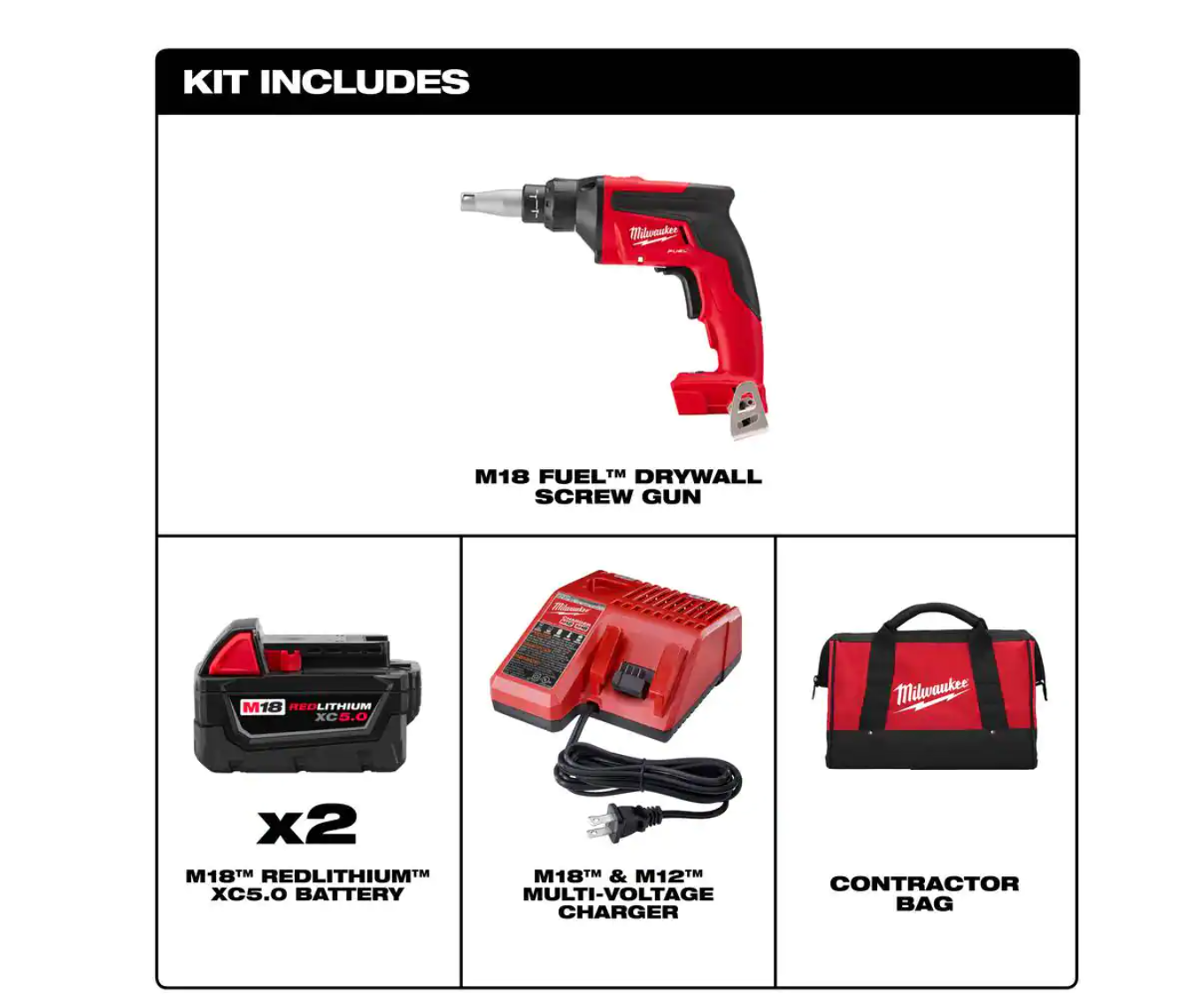 Milwaukee 2866-22 M18 FUEL 18V Lithium-Ion Brushless Cordless Drywall Screw Gun Kit with (2) 5.0Ah Batteries. Charger and Tool Bag